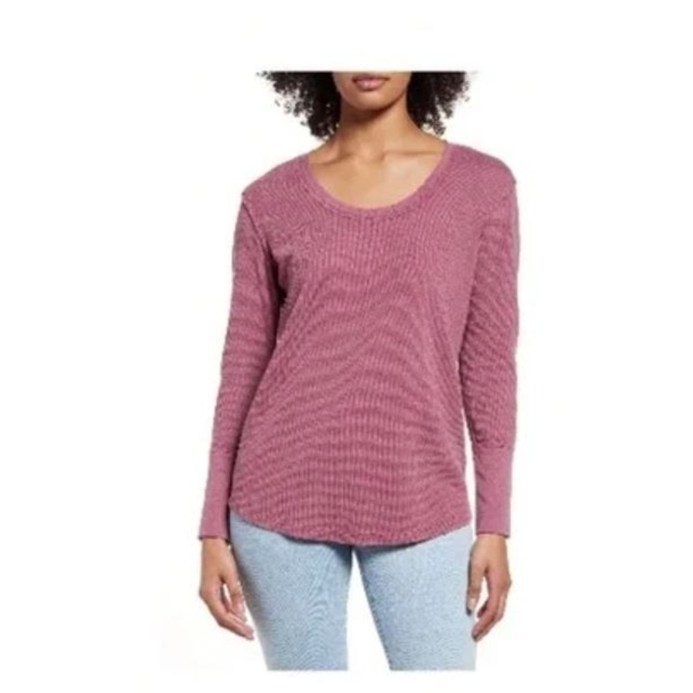 Caslon Women's Scoop Neck Long Sleeve Raw Edge Thermal Top Purple Mellow XL